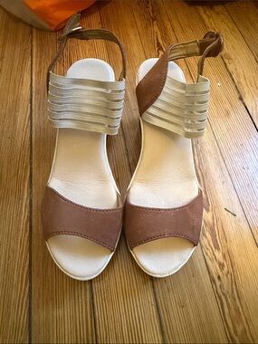 Neutral Brown Suede-Look Sandals with Cream Elastic Ankle Straps